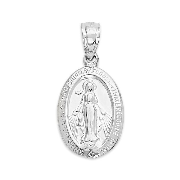 Solid 14k White Gold Miraculous Medal Pendant - Virgin Mary Medallion - Picture 1 of 5